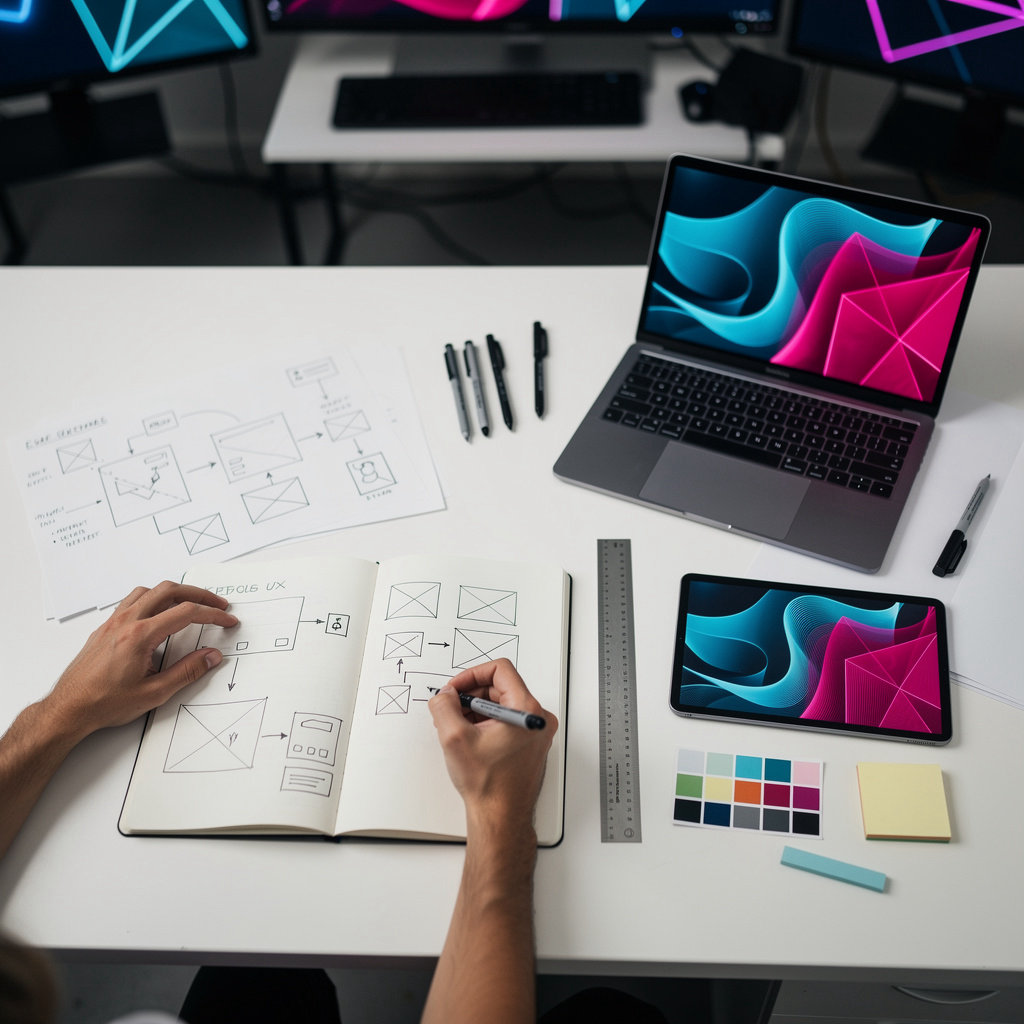 Creative School designer thinking and sketching in real studio environment showcasing design thinking process